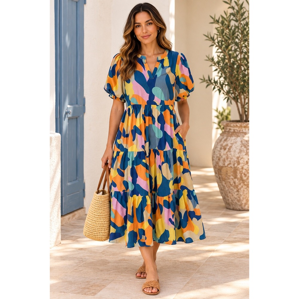 THML Abstract Print Tiered Cotton Midi Dress Boho Festival Multi-Color Small
